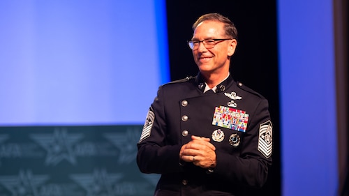 Chief Master Sgt. of the Space Force Roger A. Towberman makes remarks at the Air and Space Forces Association's Air, Space & Cyber Conference in National Harbor, Md., Sept. 12, 2023. (U.S. Air Force photo by Staff Sgt. Stuart Bright)