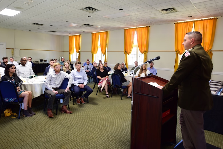 Lt. Col. Robert W. Green, U.S. Army Corps of Engineers Nashville District commander, gives the keynote address during the Leadership Development Course Level One Graduation ceremony Sept. 13, 2023, at the Scarritt Bennett Center in Nashville, Tennessee. (USACE Photo by Lee Roberts)