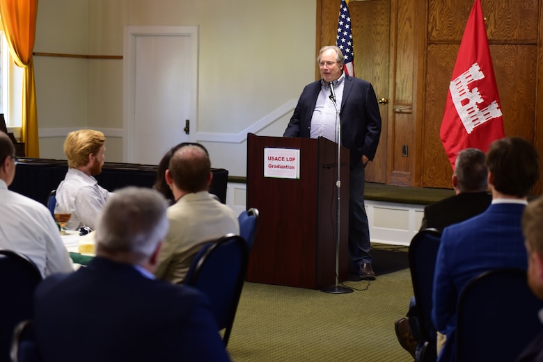 Michael Evans, course instructor for the 2023 Leadership Development Program Level I Course, talks about the program’s objectives and activities during the program’s graduation ceremony Sept. 13, 2023, at the Scarritt Bennett Center in Nashville, Tennessee. (USACE Photo by Lee Roberts)