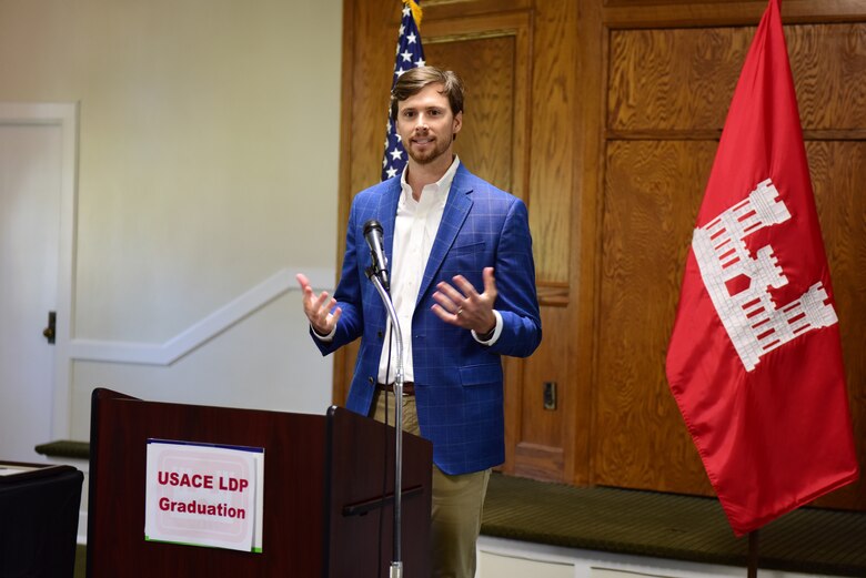 Chris Stoltz, program coordinator of the Leadership Development Program Level I, makes opening comments about the class during a graduation ceremony Sept. 13, 2023, at the Scarritt Bennett Center in Nashville, Tennessee. (USACE Photo by Lee Roberts)