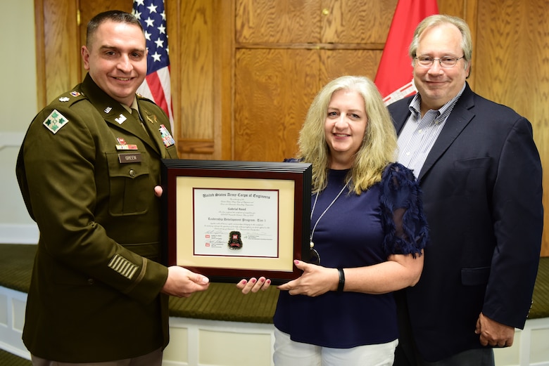 Gabrial Reed, U.S. Army Corps of Engineers Nashville District, receives a certificate of completion for the 2023 Leadership Development Program Level I Course from Lt. Col. Robert W. Green, Nashville District commander, and Michael Evans, course instructor, during a graduation ceremony Sept. 13, 2023, at the Scarritt Bennett Center in Nashville, Tennessee. (USACE Photo by Lee Roberts)