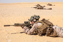 UDAIRI RANGE COMPLEX, Kuwait (Sept. 6, 2023) – U.S. Marines with Alpha Company, Battalion Landing Team 1/6, 26th Marine Expeditionary Unit (MEU) (Special Operations Capable) (26MEU(SOC)), establish a support by fire during an integrated platoon reinforced live-fire attack executed with Kuwaiti Marines at Udairi Range Complex, Kuwait, Sept. 6, 2023. Elements of the 26th MEU(SOC) conducted bilateral training with Kuwait armed forces to increase interoperability, maintain operational readiness, and strengthen relationships with partner forces. Components of the Bataan Amphibious Ready Group and 26th MEU(SOC) are deployed to the U.S. 5th Fleet area of operations to help ensure maritime security and stability in the Middle East region. (U.S. Marine Corps photo by Gunnery Sgt. Jeffrey Cordero)