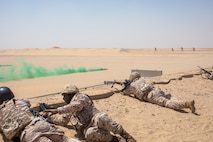 UDAIRI RANGE COMPLEX, Kuwait (Sept. 6, 2023) – Kuwaiti Marines provide supporting fire to a maneuvering team of Marines during an integrated live-fire platoon reinforced attack executed at Udairi Range Complex, Kuwait, Sept. 6, 2023. Elements of the 26th Marine Expeditionary Force (Special Operations Capable) (26MEU(SOC)) conducted bilateral training with Kuwait armed forces to increase interoperability, maintain operational readiness, and strengthen relationships with partner forces. Components of the Bataan Amphibious Ready Group and 26th MEU(SOC) are deployed to the U.S. 5th Fleet area of operations to help ensure maritime security and stability in the Middle East region. (U.S. Marine Corps photo by Gunnery Sgt. Jeffrey Cordero)