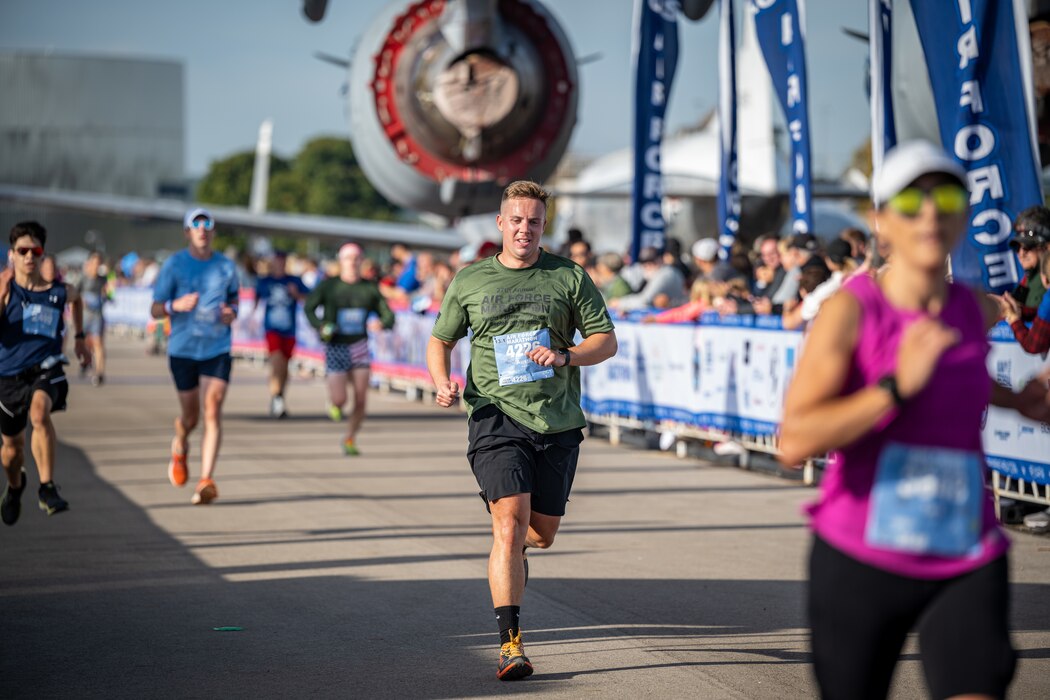 Runners nearing the Air Force Marathon finish line