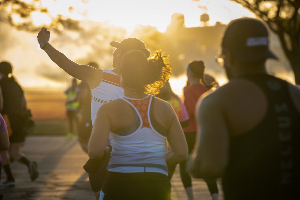 Runner takes selfie at Air Force Marathon start