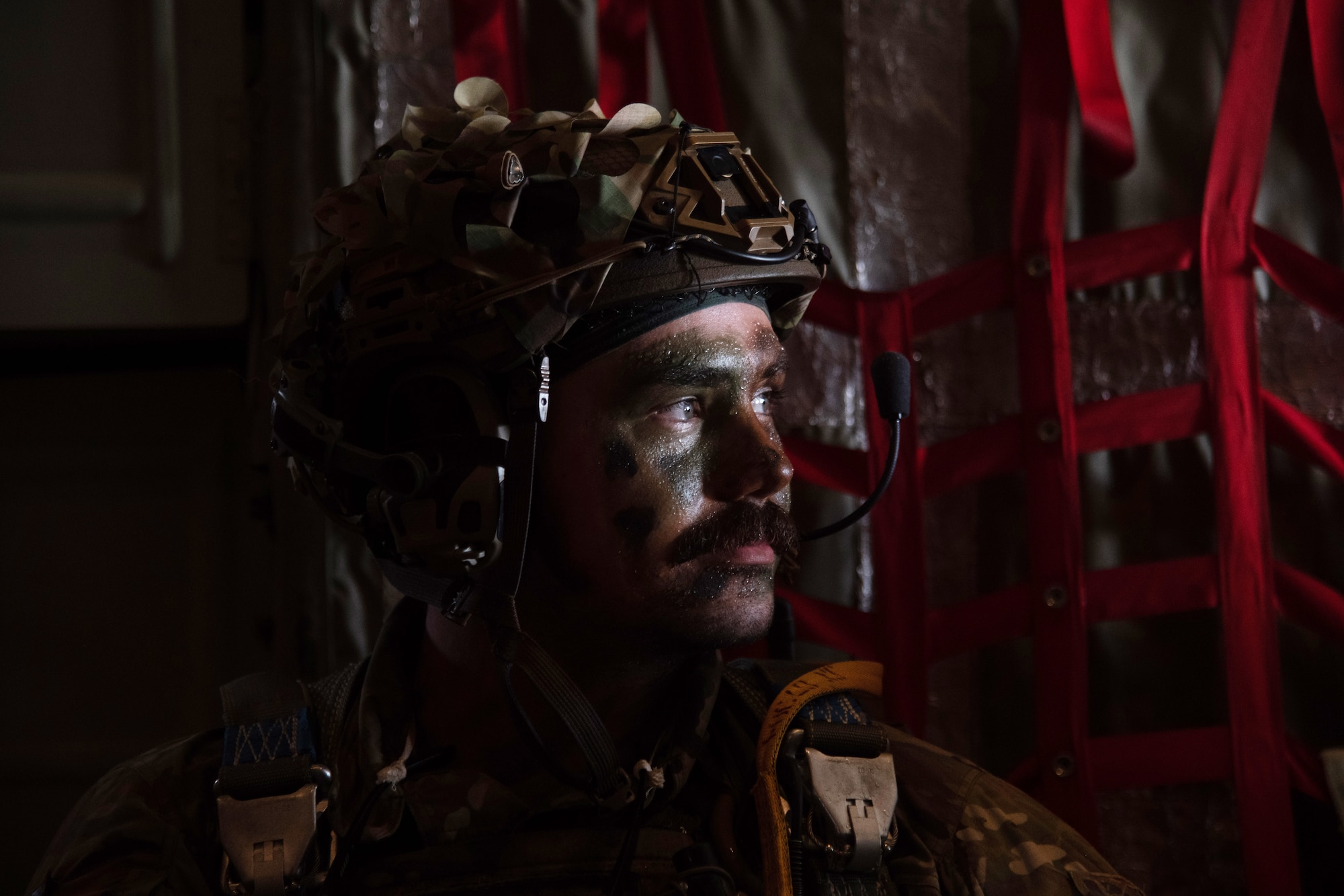 U.S. Air Force Staff Sgt. Alexander Fossum, 824th Base Defense Squadron fire team leader, sits in an HC-130J Combat King II in Georgia, August 21, 2023. 824th BDS Airmen proved they were ready to provide security and support for upcoming Lead Wing operations through their mission readiness exercise. (U.S. Air Force photo by 1st Lt. Christian Little)