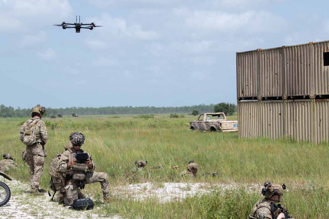 U.S. Air Force Airmen from the 824th Base Defense Squadron secure a contingency location and takeoff a small unmanned aerial system (sUAS) at Avon Park Air Force Range, Florida, August 22, 2023. 824th BDS members use sUAS to provide reconnaissance to promote security and safety of contingency locations. 824th BDS Airmen proved they were ready to provide security and support for upcoming Lead Wing operations through their mission readiness exercise. (U.S. Air Force photo by 1st Lt. Christian Little)