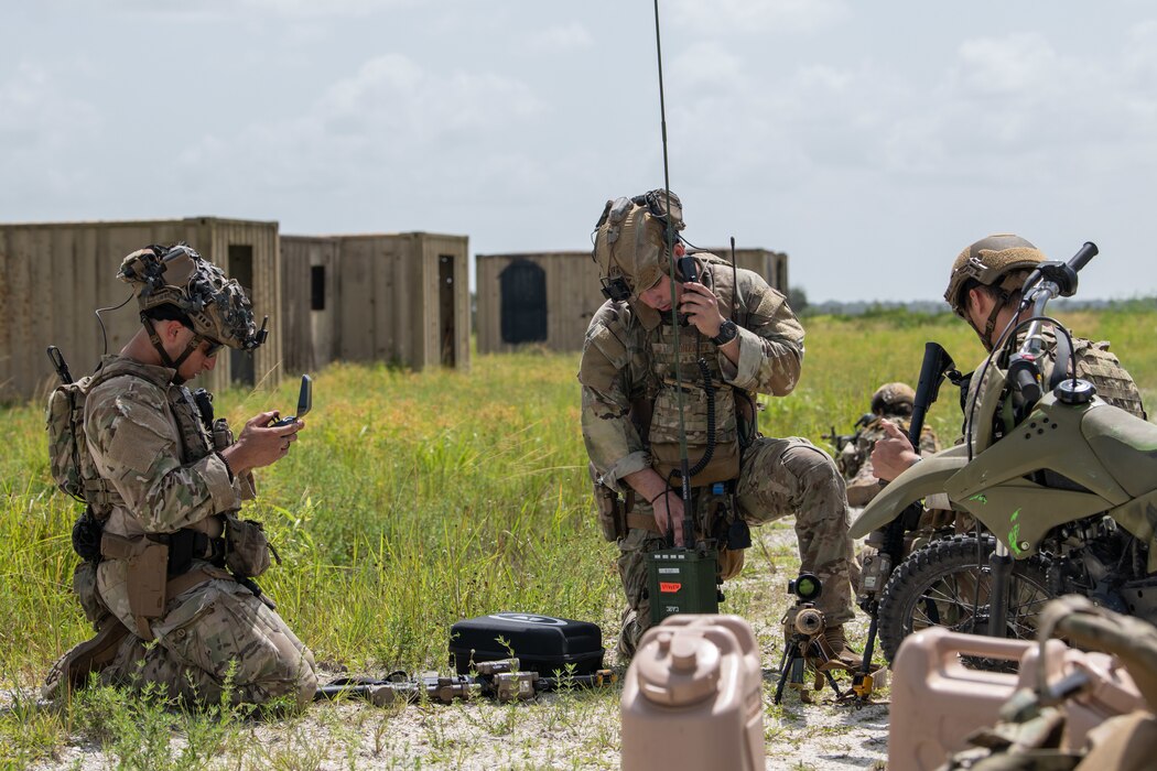 U.S. Air Force Airmen from the 824th Base Defense Squadron perform contingency location actions at Avon Park Air Force Range, Florida, August 8, 2023. 824th BDS Airmen proved they were ready to provide security and support for upcoming Lead Wing operations through their mission readiness exercise. (U.S. Air Force photo by 1st Lt. Christian Little)