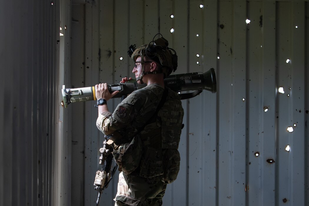 A U.S. Air Force Airman from the 824th Base Defense Squadron defends a contingency location with an AT4 shoulder-fired rocket system at Avon Park Air Force Range, Florida, August 22, 2023. 824th BDS Airmen use an array of munitions to provide security and defense against multiple threat types. 824th BDS Airmen proved they were ready to provide security and support for upcoming Lead Wing operations through their mission readiness exercise. (U.S. Air Force photo by 1st Lt. Christian Little)