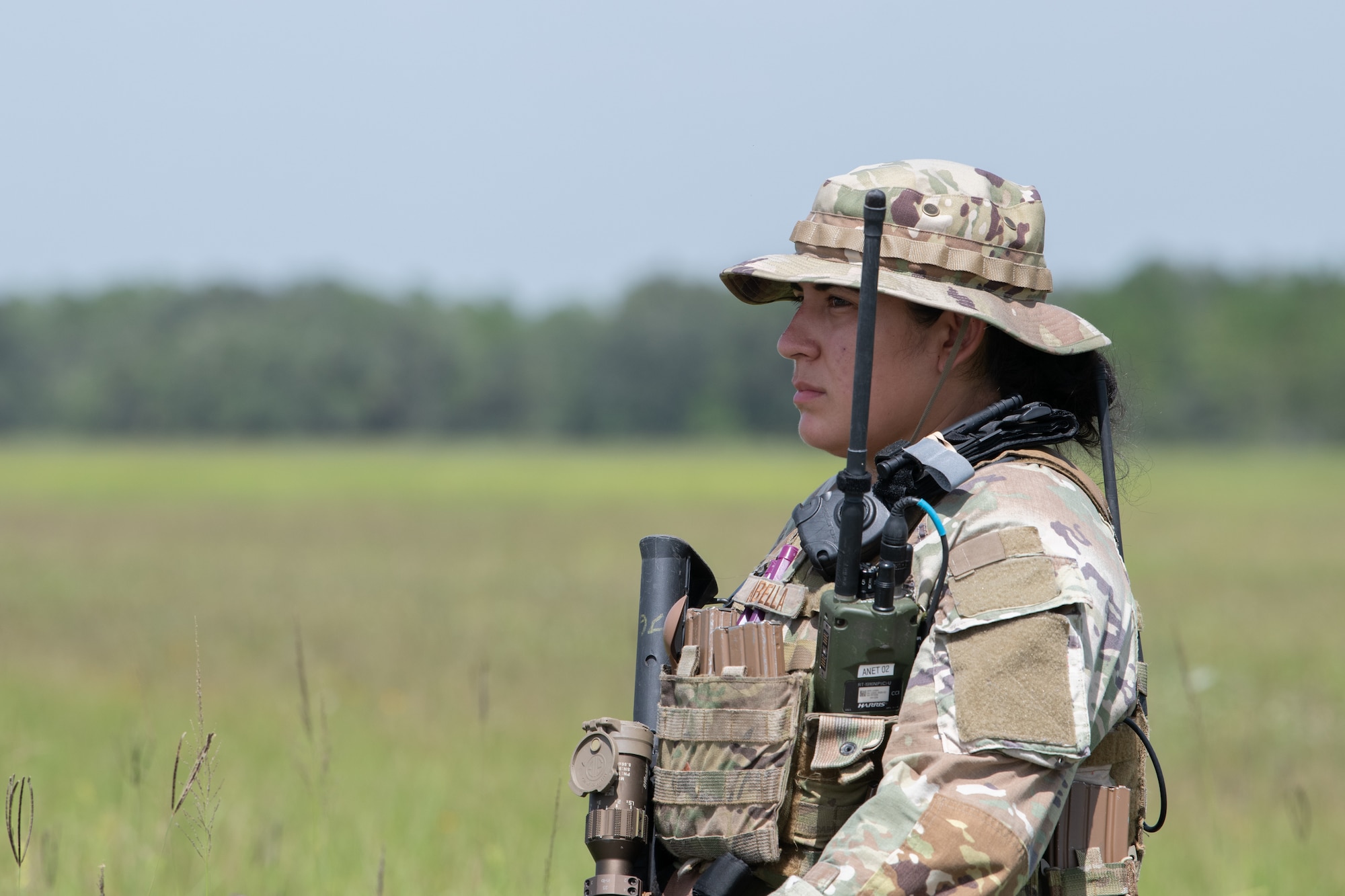 U.S. Air Force Senior Airman Viktoria Abel, fire team leader, provides security during a simulated casualty evacuation at Avon Park Air Force Range, Florida, August 22, 2023. 824th BDS Airmen proved they were ready to provide security and support for upcoming Lead Wing operations through their mission readiness exercise. (U.S. Air Force photo by 1st Lt. Christian Little)