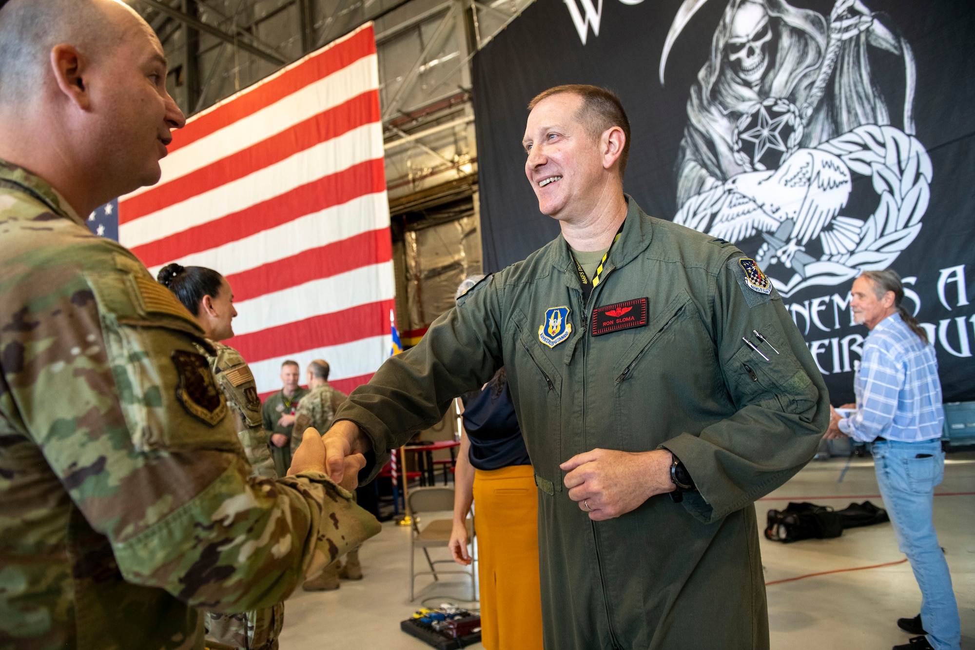 Brig. Gen. Regina Sabric, commander of the 10th Air Force, hosts the Change of Command Ceremony as 419th departing commander, Col. Matthew Fritz, relinquishes command to incoming commander Col. Ronald Sloma at Hill Air Force Base, Utah, Sept. 9, 2023.