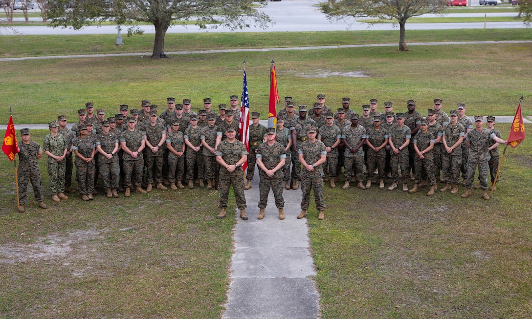 Marines and Sailors with Deployment Processing Command / Reserve Support Unit-East pose for a photo after the rededication ceremony for DPC/RSU-East, Camp Lejeune, North Carolina, April 8.  The rededication ceremony was held to celebrate and reflect on the accomplishments of the unit for the past 70 years. (U.S. Marine Corps photo by Lance Cpl. Ashley Gomez)