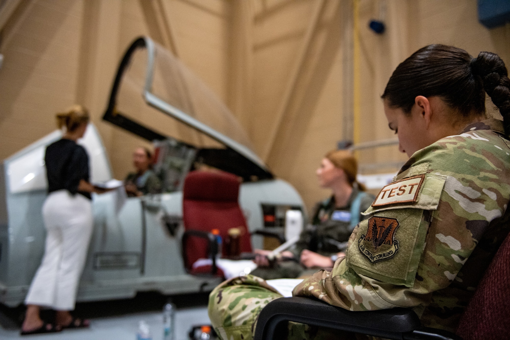 The Air Force Life Cycle Management Center Human Systems Division test an Airus bladder relief system at Moody Air Force Base, Georgia, Aug. 28, 2023. The new system design was tested to evaluate the effectiveness with female pilots. (U.S. Air Force photo by Senior Airman Courtney Sebastianelli)