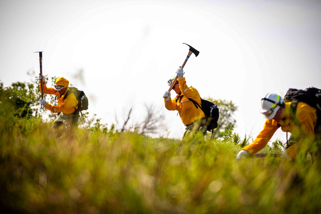 Three guardsmen work in a grassy field with pickaxes.