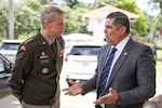 Army Gen. Daniel Hokanson, left, chief, National Guard Bureau, meets with Panama Minister of Public Security Juan Manuel Pino Forero at the Ministry of Public Security, Panama City, Panama, Aug. 28, 2023. Panama and the Missouri National Guard have been paired in the Department of Defense National Guard State Partnership Program since 1996.