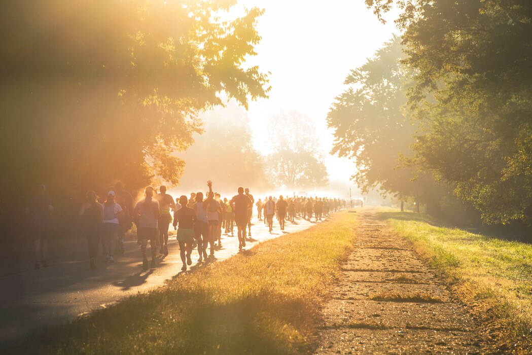 Marathon runners run on a road with the sunlight shining down on them.
