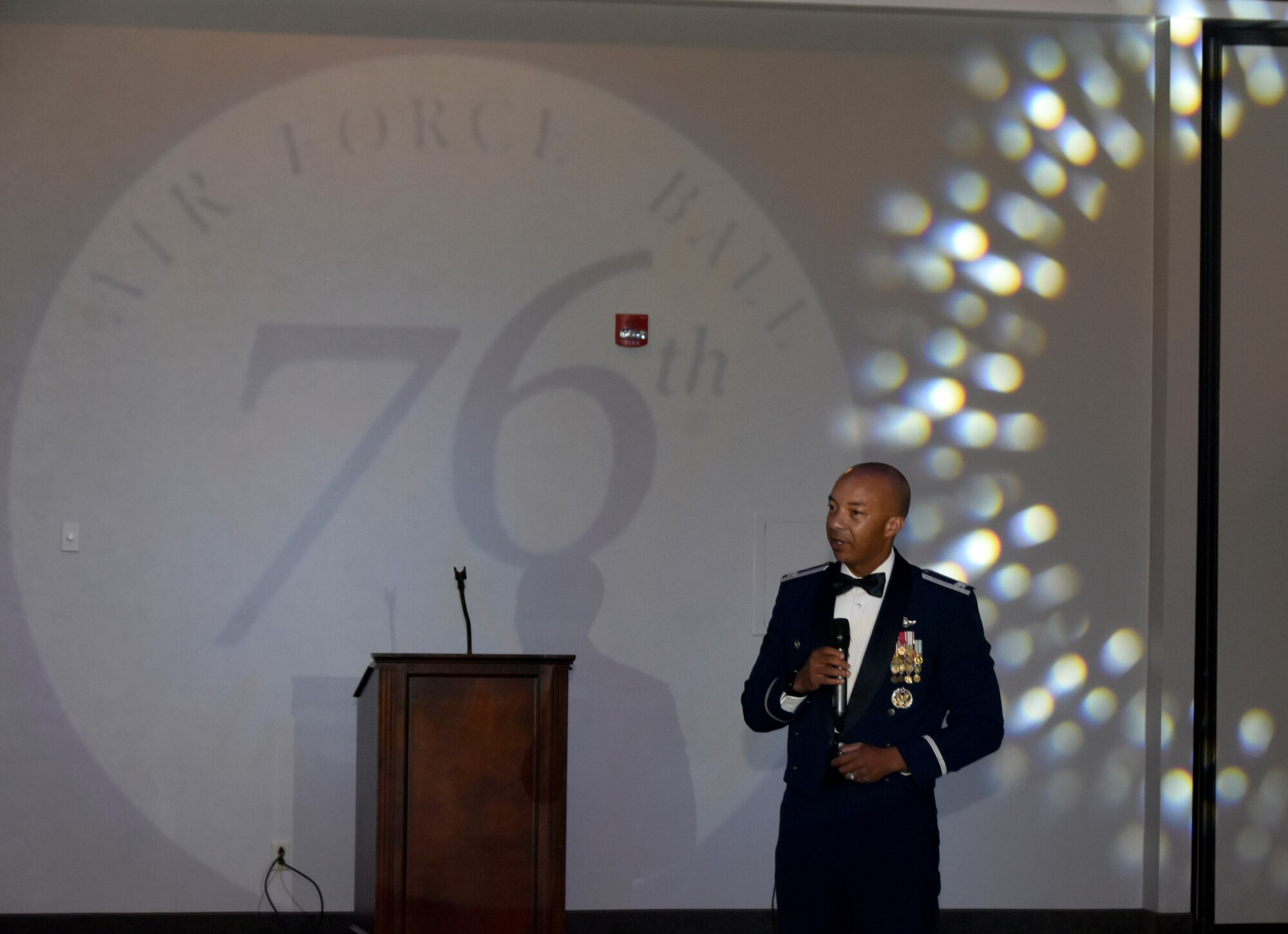 Arnold Engineering Development Complex Commander Col. Randel Gordon speaks to attendees of the AEDC Air Force Ball before dinner is served Sept. 9, 2023. The ball, hosted by the Company Grade Officers’ Council at Arnold Air Force Base, Tenn., headquarters of AEDC, was held at the Manchester/Coffee County Conference Center to coincide with the celebration of the U.S. Air Force’s 76th birthday. (U.S. Air Force photo by Bradley Hicks)