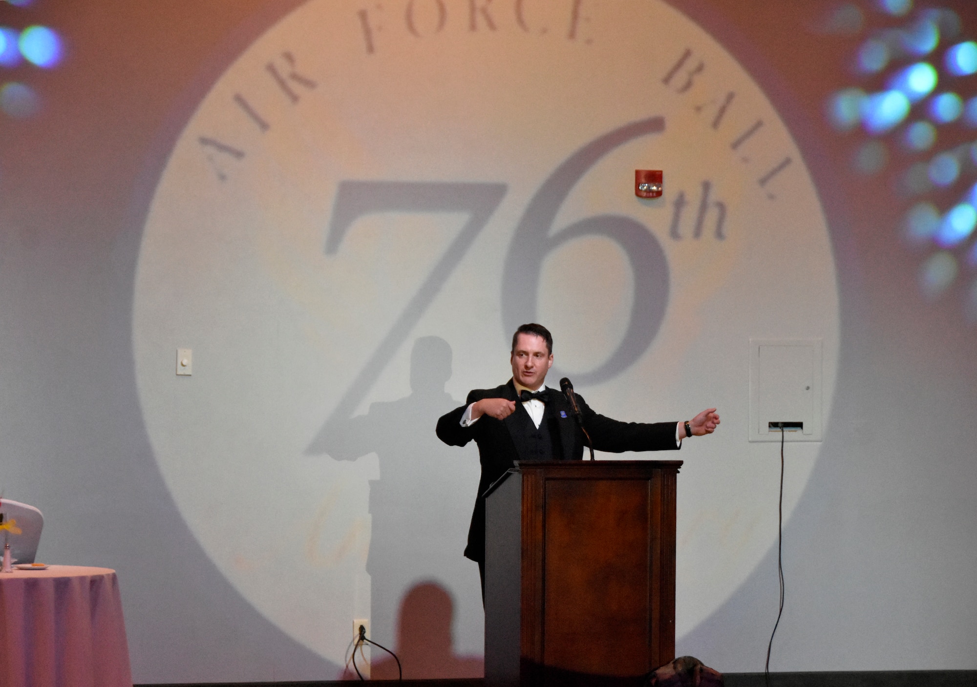 Jay Strobino speaks to attendees of the Arnold Engineering Development Complex Air Force Ball Sept. 9, 2023. Strobino, guest speaker for the event, shared his story of being shot 13 times by an enemy solider in 2006 while serving with the U.S. Army in Iraq and his subsequent recovery. The ball, hosted by the Company Grade Officers’ Council at Arnold Air Force Base, Tenn., headquarters of AEDC, was held at the Manchester/Coffee County Conference Center to coincide with the celebration of the U.S. Air Force’s 76th birthday. (U.S. Air Force photo by Bradley Hicks)