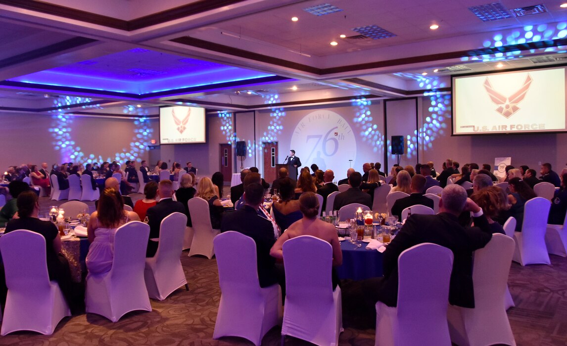 Jay Strobino speaks to attendees of the Arnold Engineering Development Complex Air Force Ball Sept. 9, 2023. Strobino, guest speaker for the event, shared his story of being shot 13 times by an enemy solider in 2006 while serving with the U.S. Army in Iraq and his subsequent recovery. The ball, hosted by the Company Grade Officers’ Council at Arnold Air Force Base, Tenn., headquarters of AEDC, was held at the Manchester/Coffee County Conference Center to coincide with the celebration of the U.S. Air Force’s 76th birthday. (U.S. Air Force photo by Bradley Hicks)