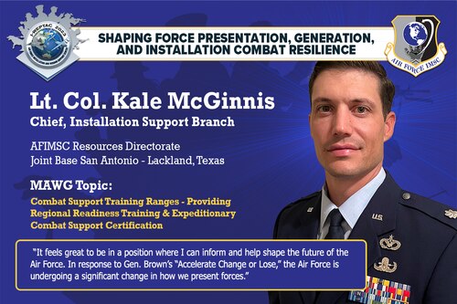 Lt. Col. Kale McGinnis, chief of the AFIMSC Resources Directorate Installation Support Branch, is this year’s AFIMSC Installation and Mission Support Weapons and Tactics Conference, Mission Area Working Group 3 chair. The out-briefs will take place on Oct. 4 with the four MAWGs delivering their solutions to installation and mission support challenges to Air Force and Space Force leaders. (U.S. Air Force graphic by Greg Hand).