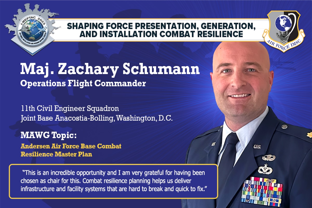 Maj. Zachary Schumann, 11th Civil Engineer Squadron Engineering Flight commander, Joint Base Anacostia-Bolling, D.C., is this year’s AFIMSC Installation and Mission Support Weapons and Tactics Conference, Mission Area Working Group 4 chair. The out-briefs will take place on Oct. 4 with the four MAWGs delivering their solutions to installation and mission support challenges to Air Force and Space Force leaders. (U.S. Air Force graphic by Greg Hand).