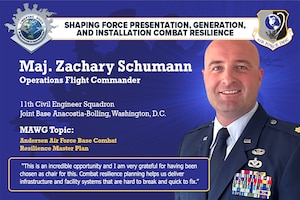 Maj. Zachary Schumann, 11th Civil Engineer Squadron Engineering Flight commander, Joint Base Anacostia-Bolling, D.C., is this year’s AFIMSC Installation and Mission Support Weapons and Tactics Conference, Mission Area Working Group 4 chair. The out-briefs will take place on Oct. 4 with the four MAWGs delivering their solutions to installation and mission support challenges to Air Force and Space Force leaders. (U.S. Air Force graphic by Greg Hand).