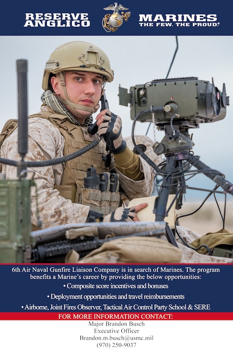 Layout and design recruiting poster created on May 8, 2020, at MARFORRES, New Orleans. This poster was created to support 6th Air Naval Gunfire Liaison Company’s initiative to impact recruiting efforts among reserve Marines. (U.S. Marine Corps graphic by Cpl. JVonnta Taylor)