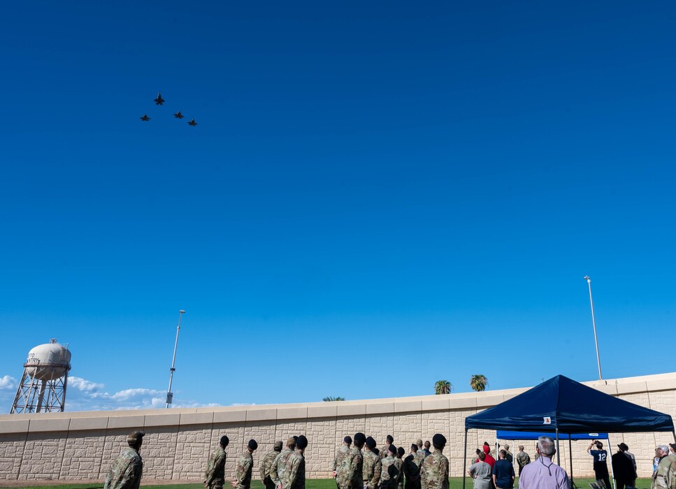 U.S. Air Force F-35 Lightning II aircraft assigned to the 56th Fighter Wing conduct a missing man formation during the POW/MIA retreat ceremony, Sept. 15, 2023, at Luke Air Force Base, Arizona.