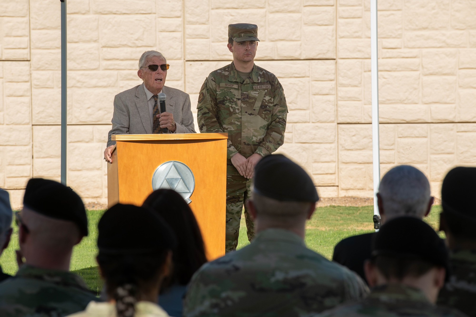 Retired U.S. Air Force Col. Thomas Kirk, former prisoner of war, gives remarks during the POW/MIA retreat ceremony, Sept. 15, 2023, at Luke Air Force Base, Arizona.