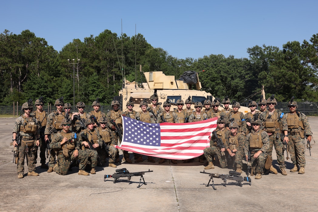 U.S. Marines with the 4th Marine Division take a group photo during Raven Exercise 6-23 in Biloxi, Mississippi, June 11, 2023. Exercise Raven is Marine Forces Special Operations Command’s pre-deployment exercise designed to evaluate the readiness of MARSOC companies and teams. To assist this mission, Marine Forces Reserve regularly collaborates with MARSOC to integrate specific Reserve force capabilities like civil affairs, law enforcement, cyber, intelligence, and Air Naval Gunfire Liaison Company (ANGLICO) into MARSOC training, exercises and operational deployments. This collaboration strengthens Reserve force capabilities and informs MARSOC's efforts to enhance and operationalize their Individual Mobilization Augmentee (IMA) Detachment to retain and employ Reserve Marines with these critical skill sets. (U.S. Marine Corps photo by Lance Cpl. David Brandes)