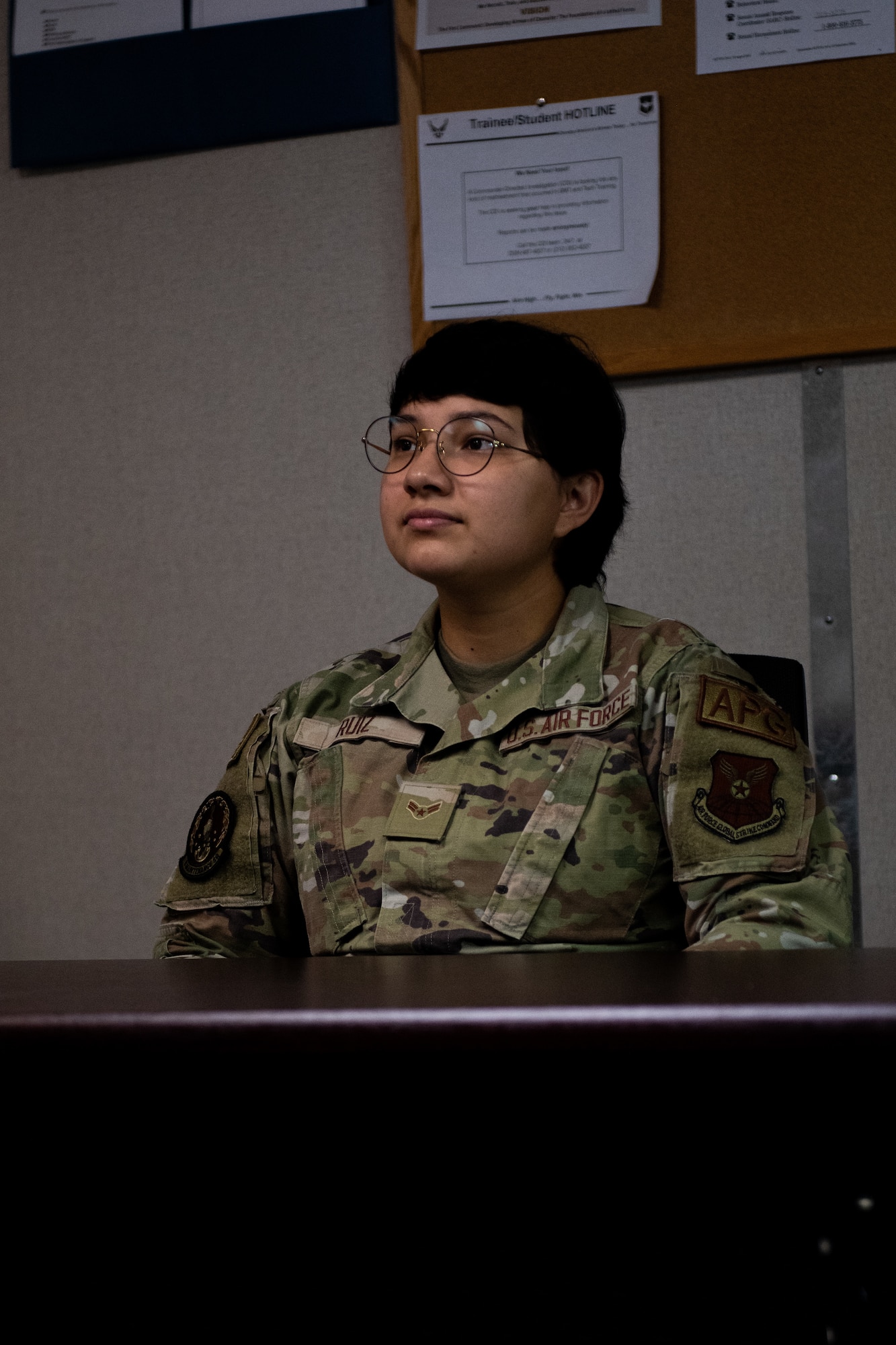 Airman 1st Class Nayeli Ruiz, 5th Maintenance Squadron crew chief and 372nd Training Squadron, Detachment 22 student, listens to a lecture while attending a B-52H Stratofortress maintenance course at Minot Air Force Base, North Dakota, Aug. 28, 2023. The small classroom environments at Det. 22 have allowed more individual attention to students and their questions, which has helped students like Ruiz gain a better understanding of course materials. (U.S. Air Force photo by Airman 1st Class Alyssa Bankston)