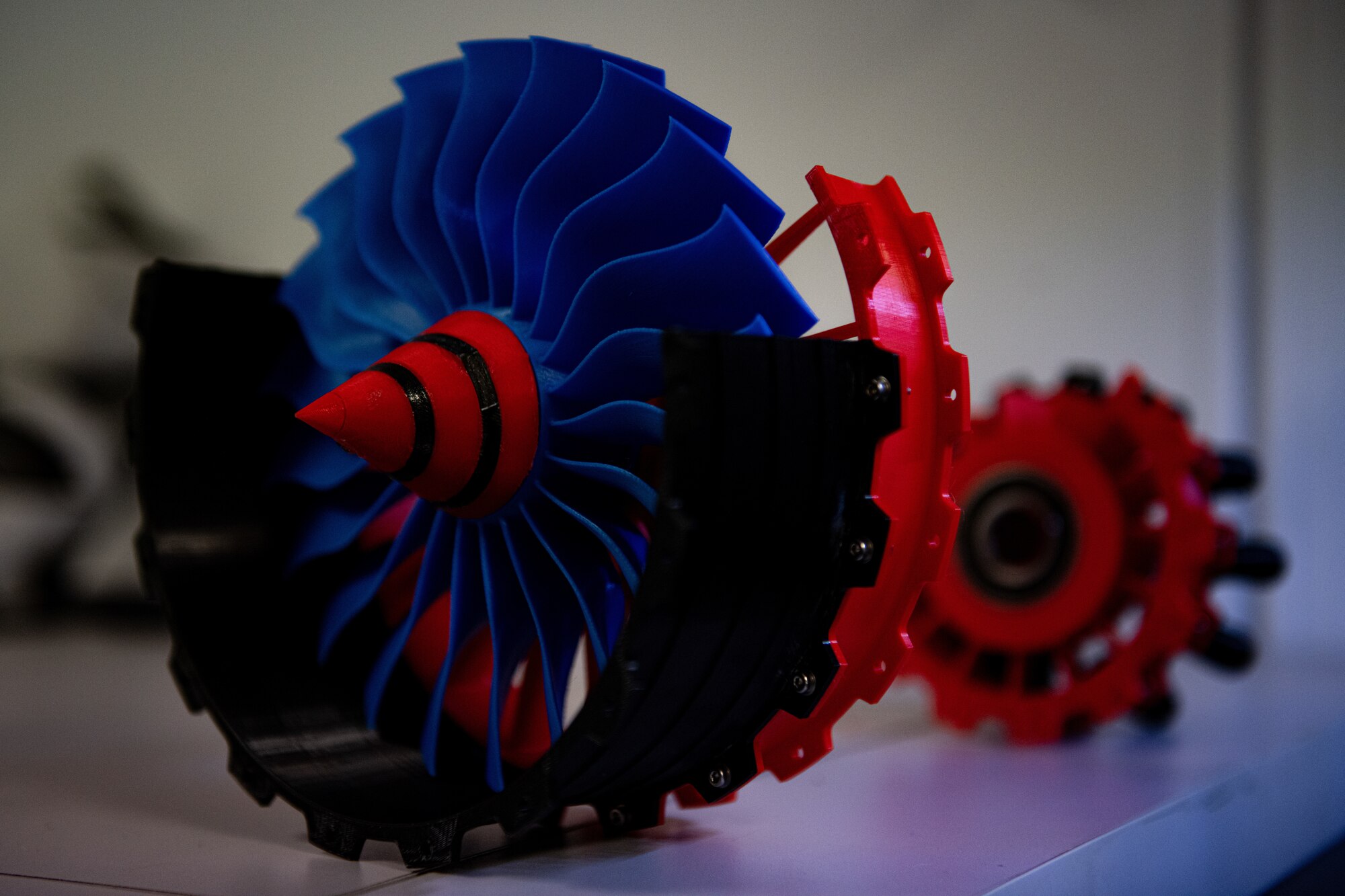 A 3D printed model of a B-52H Stratofortress engine is displayed for 372nd Training Squadron, Detachment 22 students to gain a better understanding of how the engine functions at Minot Air Force Base, North Dakota, Aug. 28, 2023. 
Det. 22 has been modernizing their training by incorporating new technology into their curriculum. (U.S. Air Force photo by Airman 1st Class Alyssa Bankston)