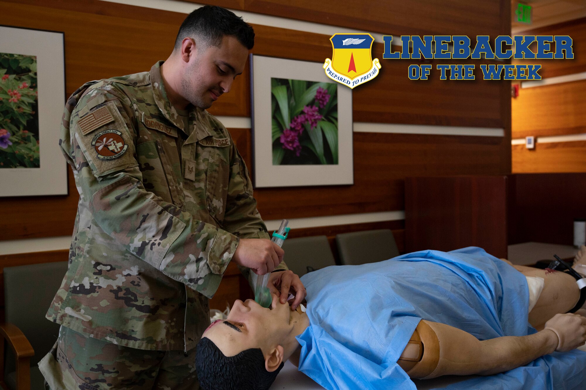 U.S. Air Force Staff Sgt. Salvador Rodriguez, the group training manager assigned to the 36th Medical Group, demonstrates during a training day at Andersen Air Force Base, Guam, Sept. 13, 2023. The Team Andersen Linebacker of the Week recognizes outstanding enlisted, officer, civilian and total force personnel who have had an impact on achieving Team Andersen’s mission, vision and priorities. (U.S. Air Force photo by Airman 1st Class Emily Saxton)