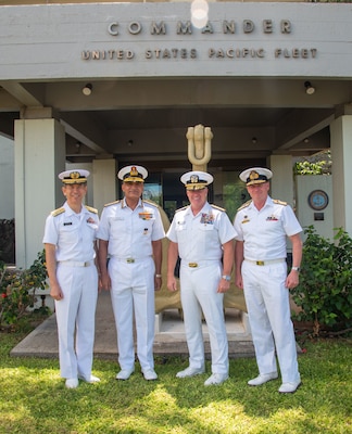 From left: Adm. Ryo Sakai, chief of staff, Japan Maritime Self-Defense Force; Adm. R. Hari Kumar, chief of naval staff, Indian Navy; Adm. Samuel Paparo, commander, U.S. Pacific Fleet; and Vice Adm. Mark Hammond, chief of navy, Royal Australian Navy, hold a multilateral engagement in Pearl Harbor, Hawaii, Sept. 17, 2023. The four navies, all participants of the Malabar exercise, met prior to the U.S.-led International Seapower Symposium to reinforce security through partnership in the Indo-Pacific. (U.S. Navy photo by Chief Mass Communication Specialist Jonathan B. Trejo)