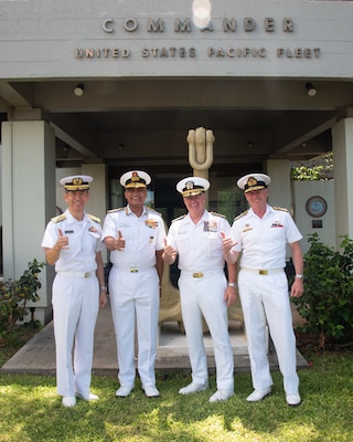 From left: Adm. Ryo Sakai, chief of staff, Japan Maritime Self-Defense Force; Adm. R. Hari Kumar, chief of naval staff, Indian Navy; Adm. Samuel Paparo, commander, U.S. Pacific Fleet; and Vice Adm. Mark Hammond, chief of navy, Royal Australian Navy, meet in preparation for a multilateral engagement in Pearl Harbor, Hawaii, Sept. 17, 2023. The four navies, all participants of the Malabar exercise, met prior to the U.S.-led International Seapower Symposium to reinforce security through partnership in the Indo-Pacific. (U.S. Navy photo by Chief Mass Communication Specialist Jonathan B. Trejo)