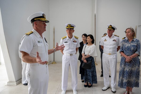 Adm. Samuel Paparo, commander, U.S. Pacific Fleet, left, hosts a visit to the USS Arizona Memorial for Adm. Ryo Sakai, chief of staff, Japan Maritime Self-Defense Force, center, Vice Adm. Mark Hammond, chief of navy, Royal Australian Navy, right, and others during a multilateral engagement in Pearl Harbor, Hawaii, Sept. 17, 2023. Adm. Paparo welcomed the Malabar navies’ leadership, including Adm. R. Hari Kumar, chief of naval staff, Indian Navy, prior to the U.S.-led International Seapower Symposium to reinforce security through partnership in the Indo-Pacific. (U.S. Navy photo by Mass Communication Specialist 2nd Class Jeremy R. Boan)