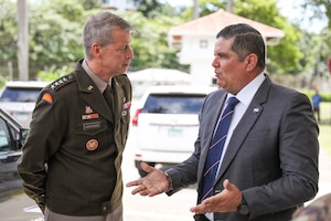 Army Gen. Daniel Hokanson, left, chief, National Guard Bureau, meets with Panama Minister of Public Security Juan Manuel Pino Forero at the Ministry of Public Security, Panama City, Panama, Aug. 28, 2023. Panama and the Missouri National Guard have been paired in the Department of Defense National Guard State Partnership Program since 1996.
