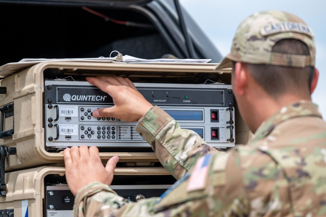 U.S. Space Force Tech. Sgt. Louis Castorena, 527th Space Aggressor Squadron (SAS), conducts Global Positioning System (GPS) electromagnetic interference training with a GPS electromagnetic attack system at Schriever Space Force Base, Colorado, July 18, 2023. The 527th SAS’s mission is to know, teach, and replicate modern, emerging, and integrated space threats in order to prepare service, joint, and coalition forces to fight in and through a Contested, Degraded, and Operationally-limited (CDO) environment. (U.S. Space Force photo by Ethan Johnson)