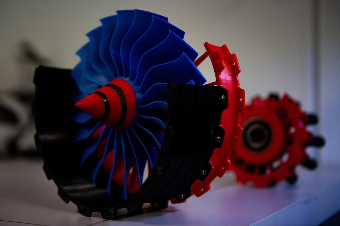 A 3D printed model of a B-52H Stratofortress engine is displayed for 372nd Training Squadron, Detachment 22 students to gain a better understanding of how the engine functions at Minot Air Force Base, North Dakota, Aug. 28, 2023. 
Det. 22 has been modernizing their training by incorporating new technology into their curriculum. (U.S. Air Force photo by Airman 1st Class Alyssa Bankston)