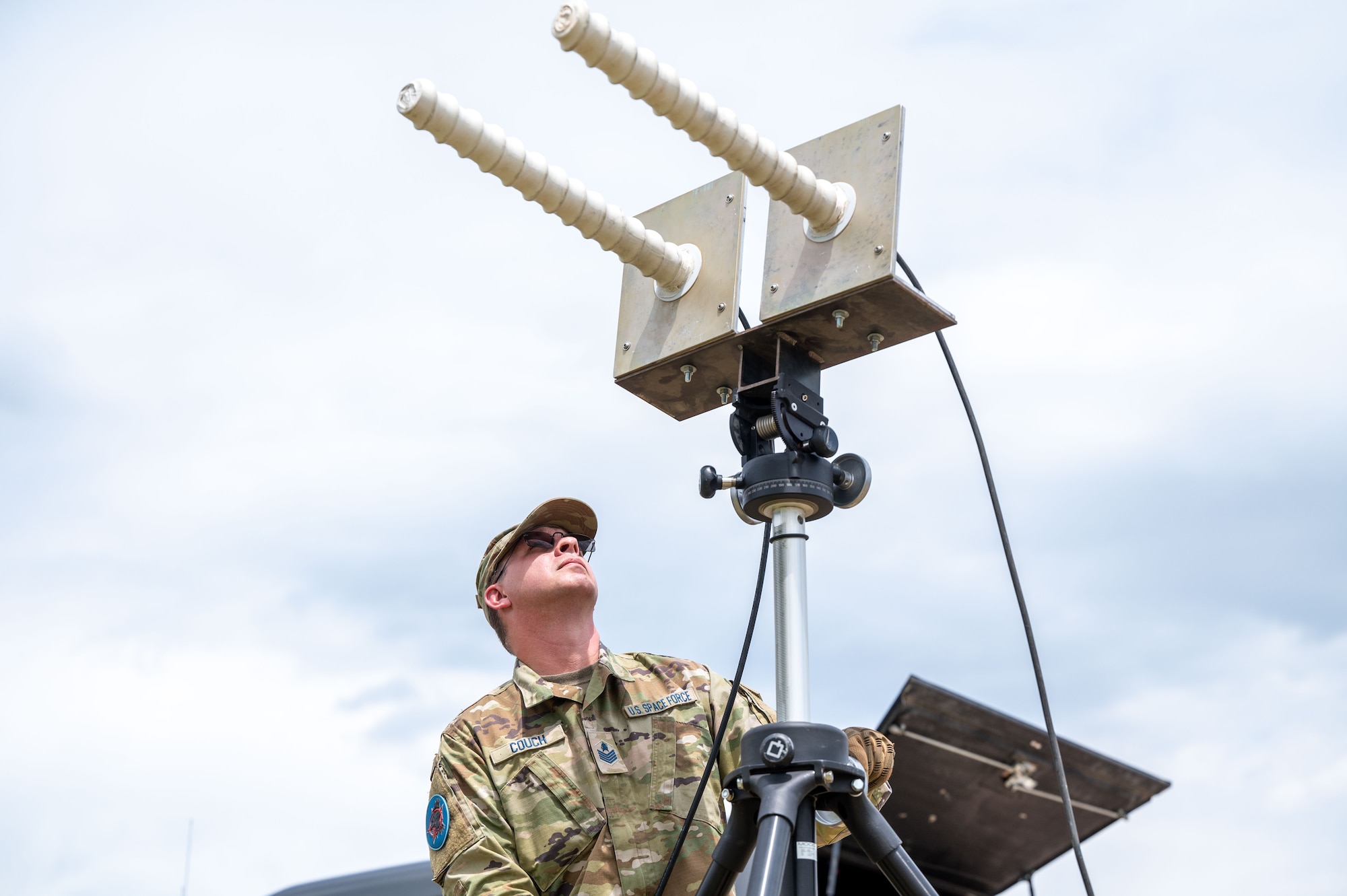 U.S. Space Force Tech. Sgt. Vince Couch, 527th Space Aggressor Squadron (SAS), conducts Global Positioning System (GPS) electromagnetic interference training with a GPS electromagnetic attack system at Schriever Space Force Base, Colorado, July 18, 2023. The 527th SAS’s mission is to know, teach, and replicate modern, emerging, and integrated space threats in order to prepare service, joint, and coalition forces to fight in and through a Contested, Degraded, and Operationally-limited (CDO) environment. (U.S. Space Force photo by Ethan Johnson)