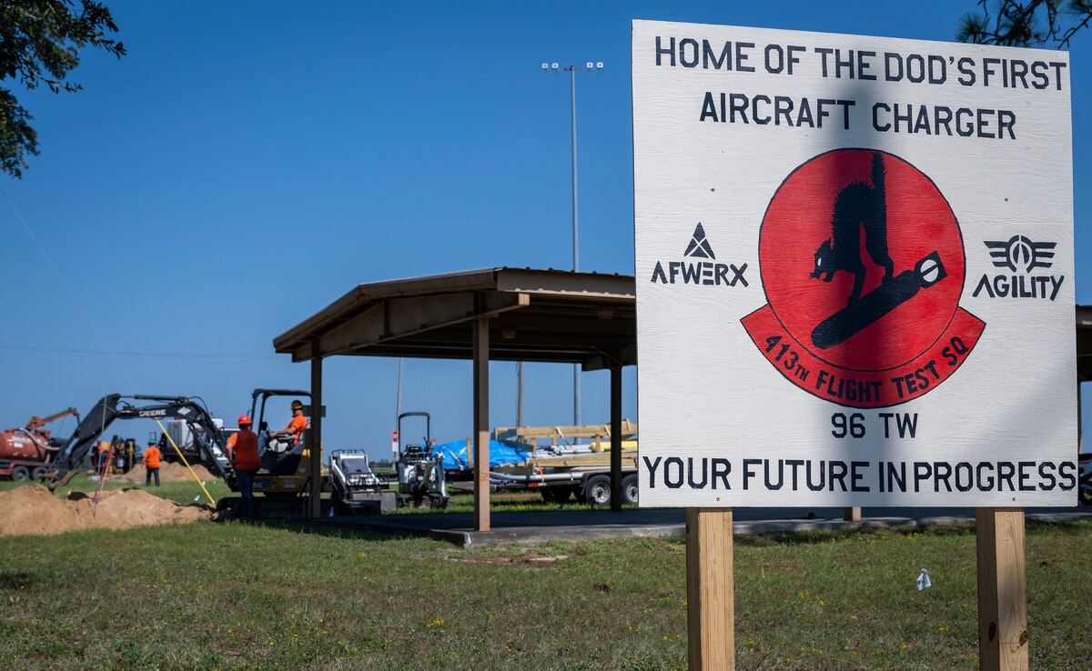 Construction begins on DOD’s first ever electric aircraft charging station Sept. 19 at Eglin Air Force Base, Florida.  (U.S. Air Force photo/Samuel King Jr.)
