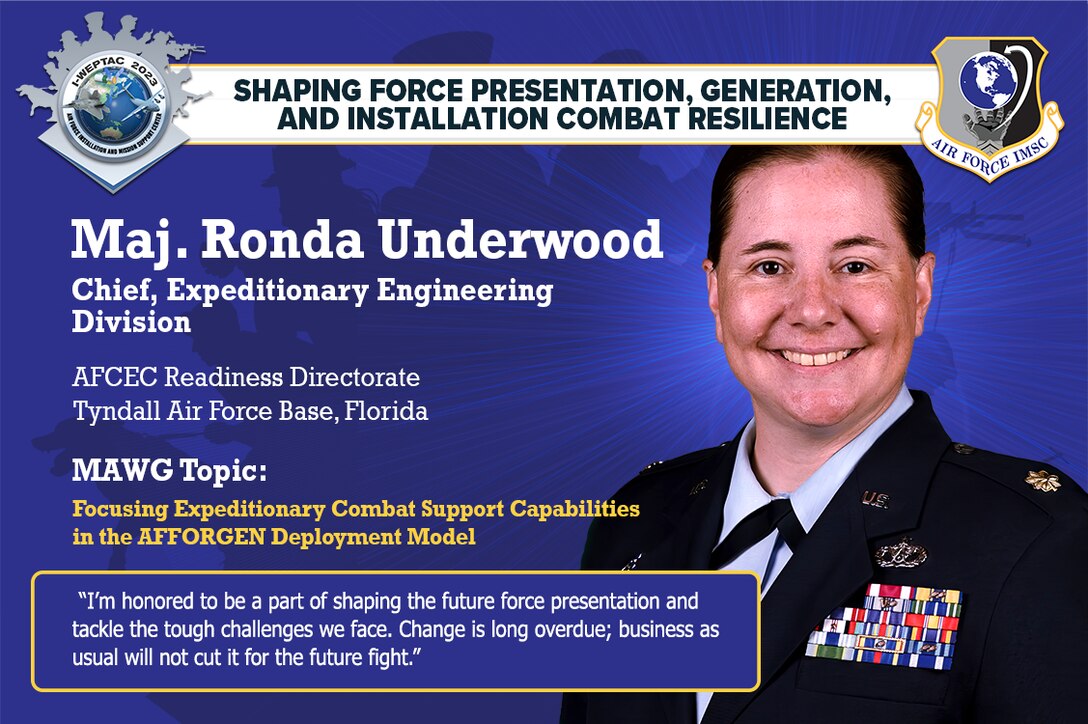 Maj. Ronda Underwood, chief of the Air Force Civil Engineer Center Expeditionary Engineering Division at Tyndall Air Force Base, Florida, is the chair for Mission Area Working Group 2 at the 2023 AFIMSC Installation and Mission Support Weapons and Tactics Conference. The out-briefs will take place on Oct. 4 with the four MAWGs delivering their solutions to installation and mission support challenges to Air Force and Space Force leaders. (U.S. Air Force graphic by Greg Hand).