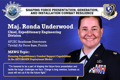 Maj. Ronda Underwood, chief of the Air Force Civil Engineer Center Expeditionary Engineering Division at Tyndall Air Force Base, Florida, is the chair for Mission Area Working Group 2 at the 2023 AFIMSC Installation and Mission Support Weapons and Tactics Conference. The out-briefs will take place on Oct. 4 with the four MAWGs delivering their solutions to installation and mission support challenges to Air Force and Space Force leaders. (U.S. Air Force graphic by Greg Hand).
