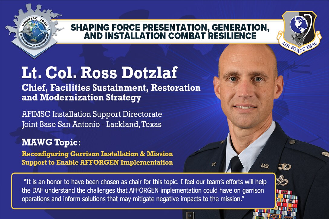 Lt. Col. Ross Dotzlaf, chief of facility sustainment restoration and modernization in the AFIMSC Installation Support Directorate, is the chair for Mission Area Working Group 4 at the 2023 Installation and Mission Support Weapons and Tactics Conference. The out-briefs will take place on Oct. 4 with the four MAWGs delivering their solutions to installation and mission support challenges to Air Force and Space Force leaders. (U.S. Air Force graphic by Greg Hand).