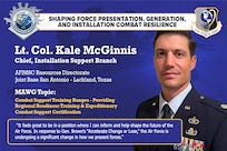 Lt. Col. Kale McGinnis, chief of the AFIMSC Resources Directorate Installation Support Branch, is this year’s AFIMSC Installation and Mission Support Weapons and Tactics Conference, Mission Area Working Group 3 chair. The out-briefs will take place on Oct. 4 with the four MAWGs delivering their solutions to installation and mission support challenges to Air Force and Space Force leaders. (U.S. Air Force graphic by Greg Hand).