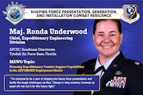 Maj. Ronda Underwood, chief of the Air Force Civil Engineer Center Expeditionary Engineering Division at Tyndall Air Force Base, Florida, is the chair for Mission Area Working Group 2 at the 2023 AFIMSC Installation and Mission Support Weapons and Tactics Conference. The out-briefs will take place on Oct. 4 with the four MAWGs delivering their solutions to installation and mission support challenges to Air Force and Space Force leaders. (U.S. Air Force graphic by Greg Hand).