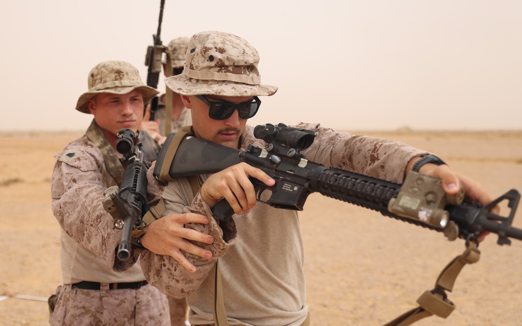 U.S. Marines assigned to Fleet Anti-terrorism Security Team Central Command conduct close quarter battle drills during exercise Bright Star 23 at Mohamed Naguib Military Base, Egypt, Sept. 12, 2023. Bright Star 23 is a multilateral U.S. Central Command exercise held with the Arab Republic of Egypt across air, land, and sea domains that promotes and enhances regional security and cooperation, and improves interoperability in irregular warfare against hybrid threat scenarios. (U.S. Marine Corps photo by Sgt. Angela Wilcox)