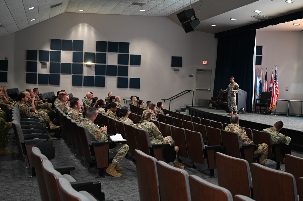 Chief Master Sgt. Diego Yoshisaki, Secretary of the Air Force International Affairs senior enlisted advisor, speaks to the 2023 International Senior Non-Commissioned Officer Development course students at the Inter-American Air Forces Academy on Joint Base San Antonio-Lackland, Texas, September 18, 2023. The five-day training course consisted of guest speakers, cohort discussions and tours of JBSA-Lackland and the Alamo in downtown San Antonio. (U.S. Air Force photo by Senior Airman Brittany Wich)