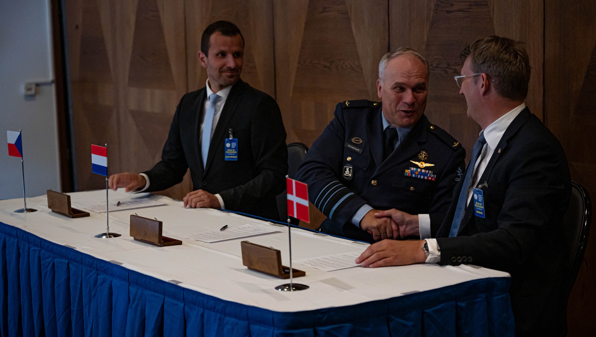 The defense ministers of Denmark, Czech Republic and the Netherlands sign a joint statement during the Ukraine Defense Contact Group