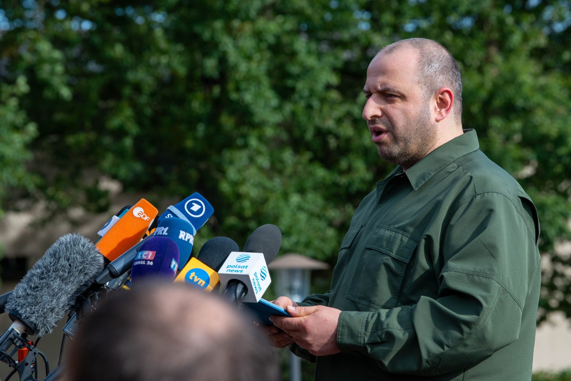 The Ukrainian minister of defense, speaks to the press after the Ukraine Defense Contact Group